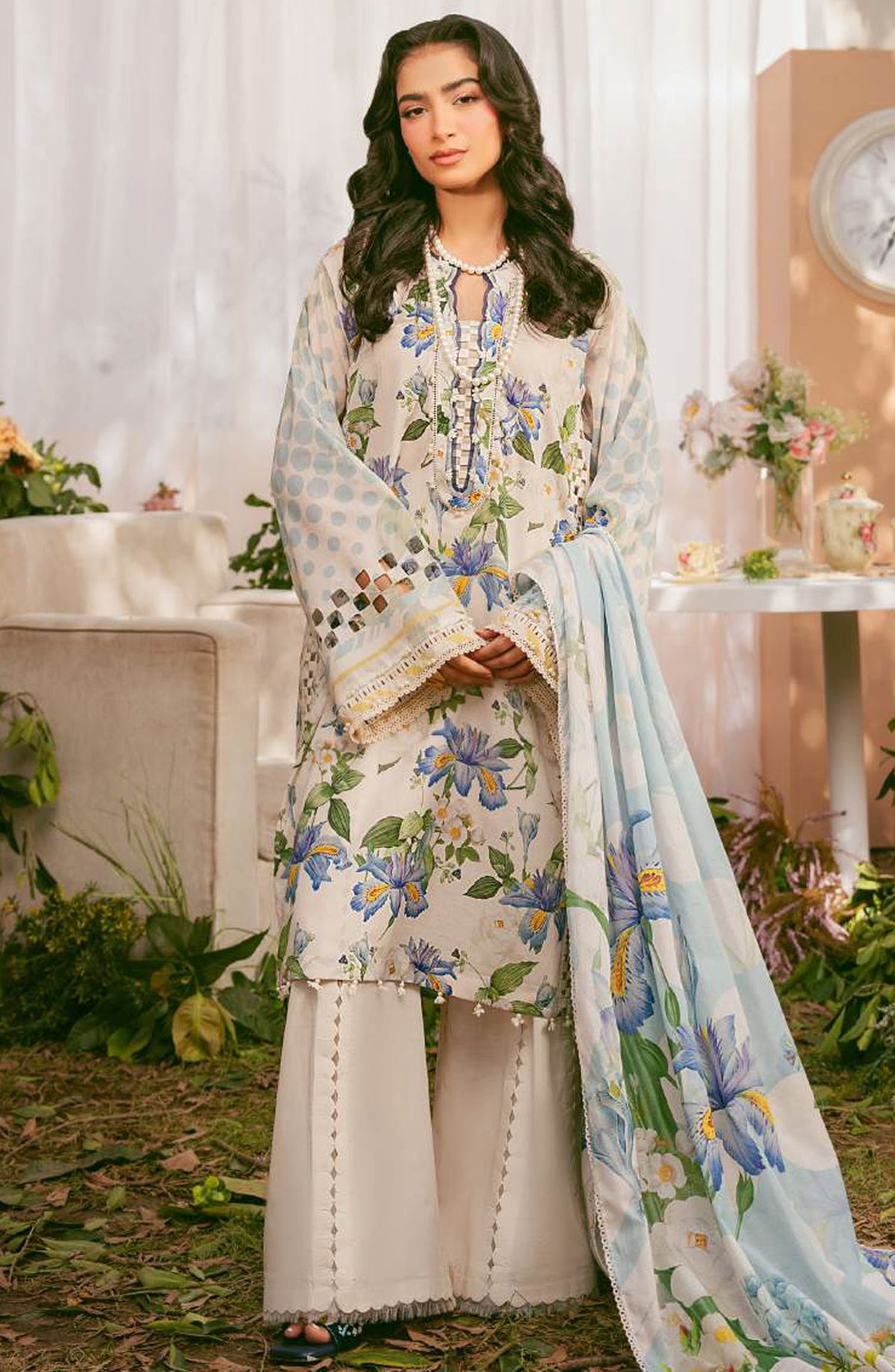 Elaf Printed Lawn Unstitched 3 Piece Suit - EPS-6A IVORY PETALS - EL25ELPV2 - Off White - Summer Collection
