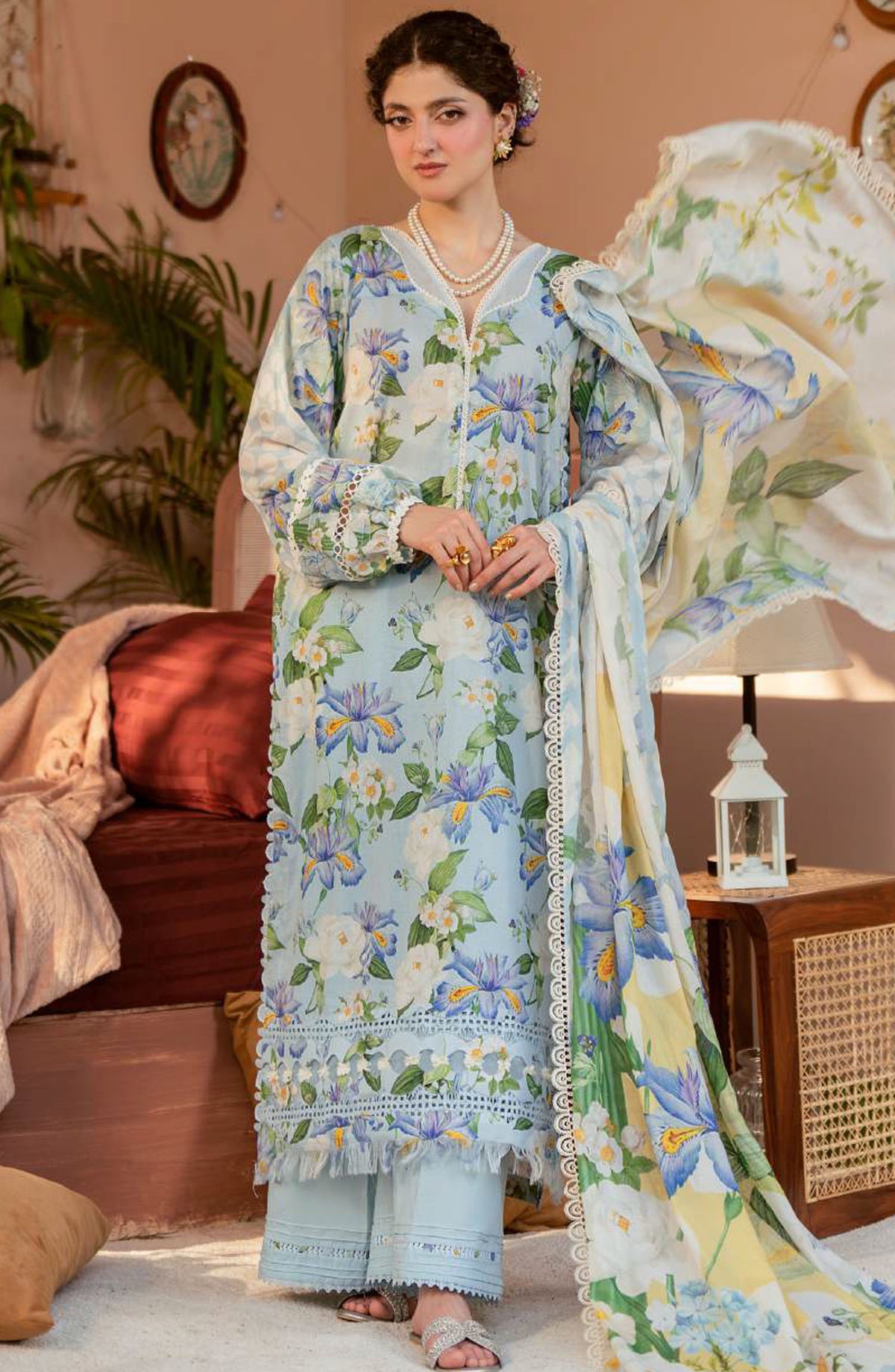 Elaf Printed Lawn Unstitched 3 Piece Suit - EPS-6B SERENE FLEUR - EL25ELPV2 - Blue - Summer Collection