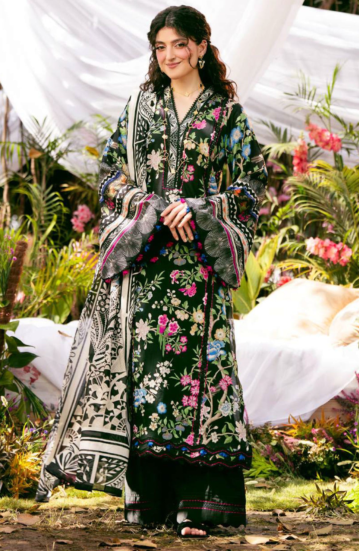 Elaf Printed Lawn Unstitched 3 Piece Suit - EPS-8B ELAROSE - EL25ELPV2 - Black - Summer Collection