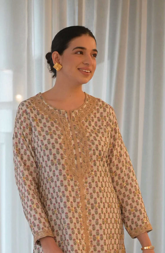 Luna Edit By Hues Atelier Printed Korean Raw Silk Stitched 3 Piece - Ethnic Gota - HA25L - Festive Collection