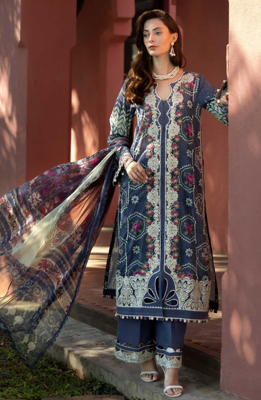 Elaf Embroidered Lawn Unstitched 3 Piece - ETS 04A SYLVIE - EL25SL - Navy Blue - Summer Collection