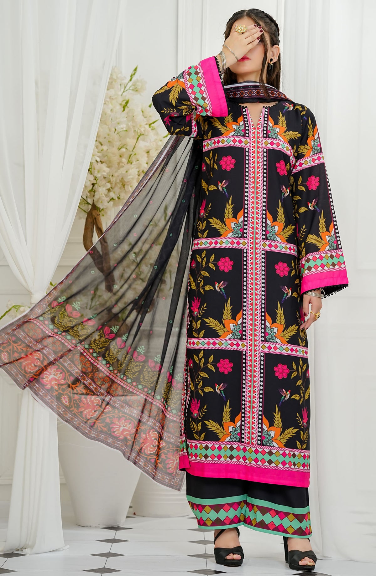 Amna Khadija Printed Lawn Stitched 3 Piece Suit - FDSEF-01 - AM25FDL - Black - Summer Collection