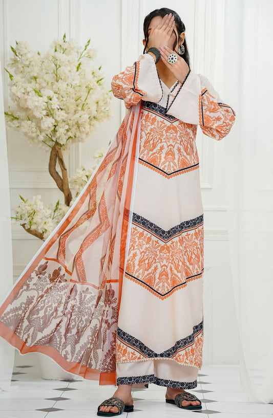 Amna Khadija Printed Lawn Stitched 3 Piece Suit - FDSEF-03 - AM25FDL - White - Summer Collection