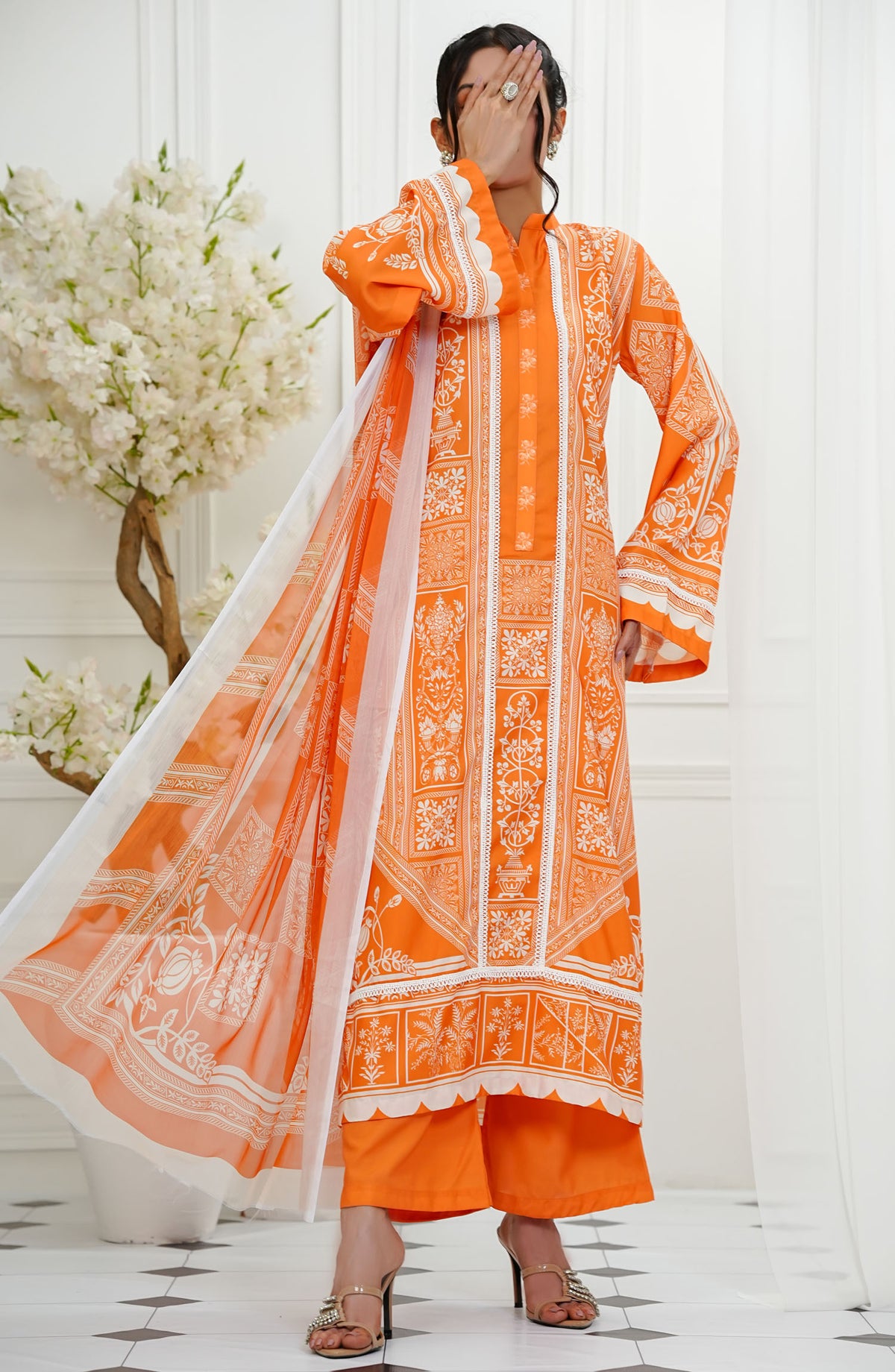 Amna Khadija Printed Lawn Stitched 3 Piece Suit - FDSEF-05 - AM25FDL - Orange - Summer Collection