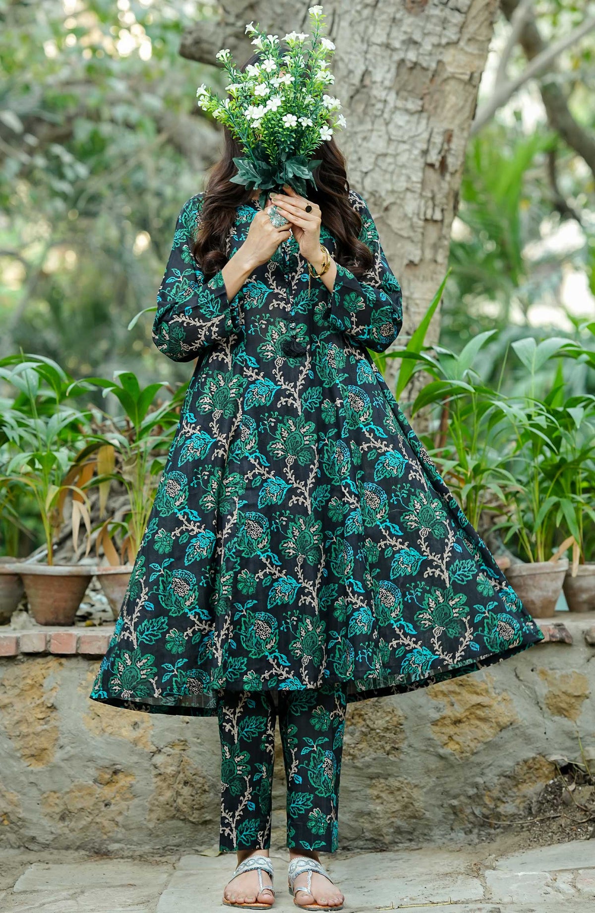 Floral Elegance by Amna Khadija Printed Lawn Stitched 2 Piece Frock - FE-01 - AK25FEF - Sea Green - Summer Collection