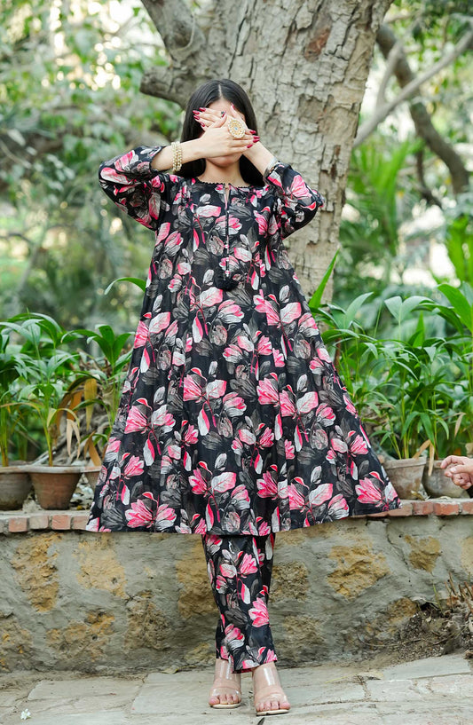 Floral Elegance by Amna Khadija Printed Lawn Stitched 2 Piece Frock - FE-03 - AK25FEF - Black - Summer Collection