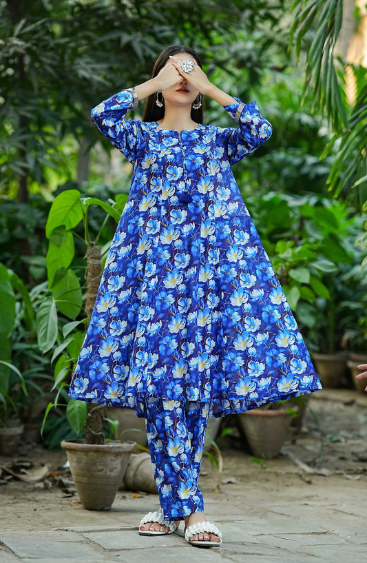 Floral Elegance by Amna Khadija Printed Lawn Stitched 2 Piece Frock - FE-05 - AK25FEF - Blue - Summer Collection