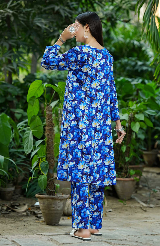 Floral Elegance by Amna Khadija Printed Lawn Stitched 2 Piece Frock - FE-05 - AK25FEF - Blue - Summer Collection