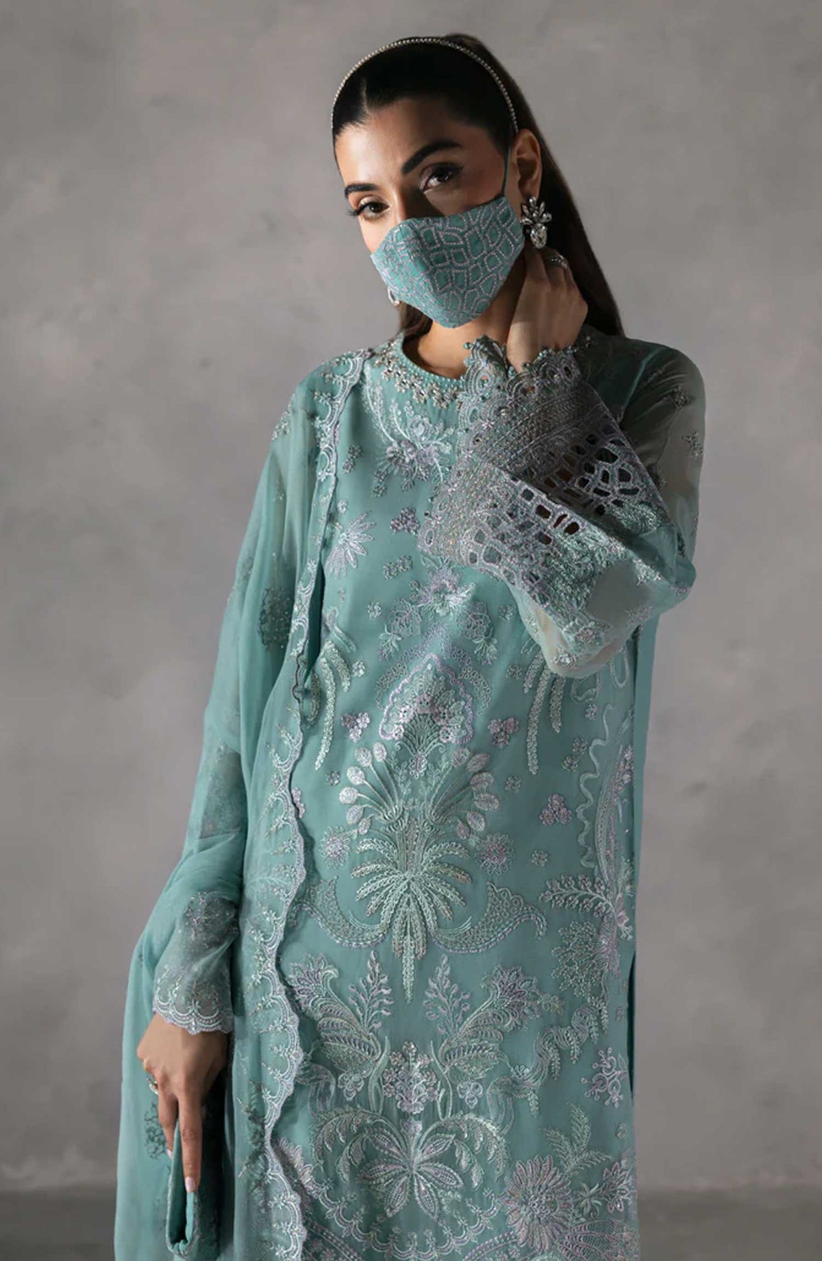 Laconic by Flossie Embroidered Chiffon Unstitched 3 Piece - FE - 905 - FL25L - Sea Green - Festive Collection