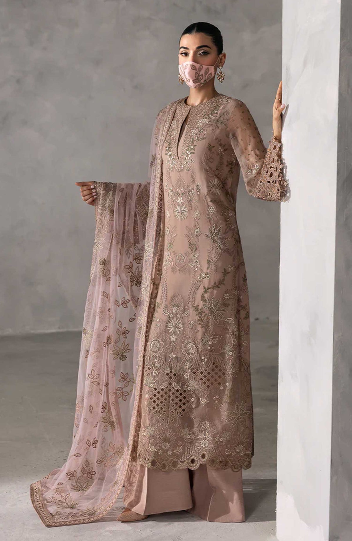 Laconic by Flossie Embroidered Chiffon Unstitched 3 Piece - FE - 910 - FL25L - Pink - Festive Collection