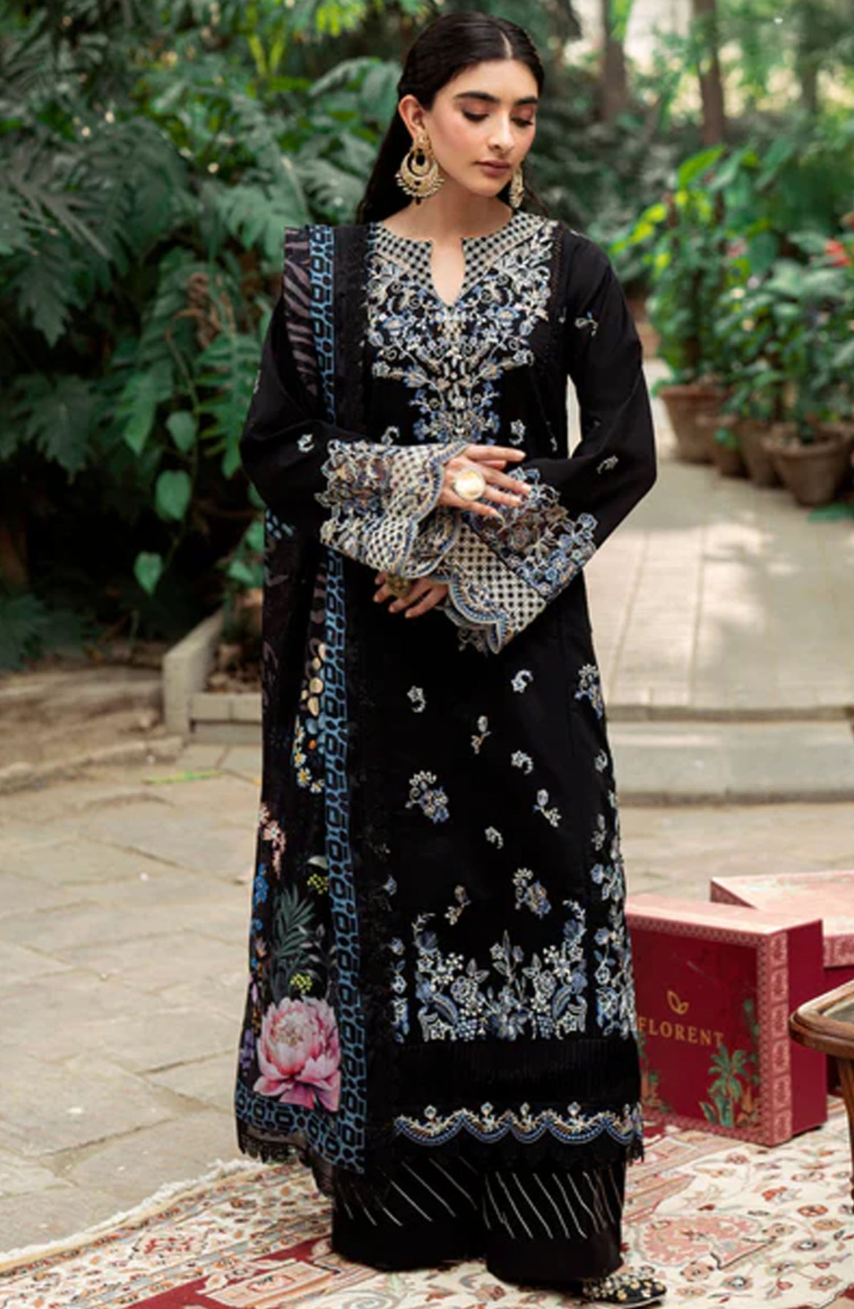 Florent Embroidered Lawn Unstitched 3 Piece Suit - FEE-02 A - FL25EELL - Black - Eid Collection