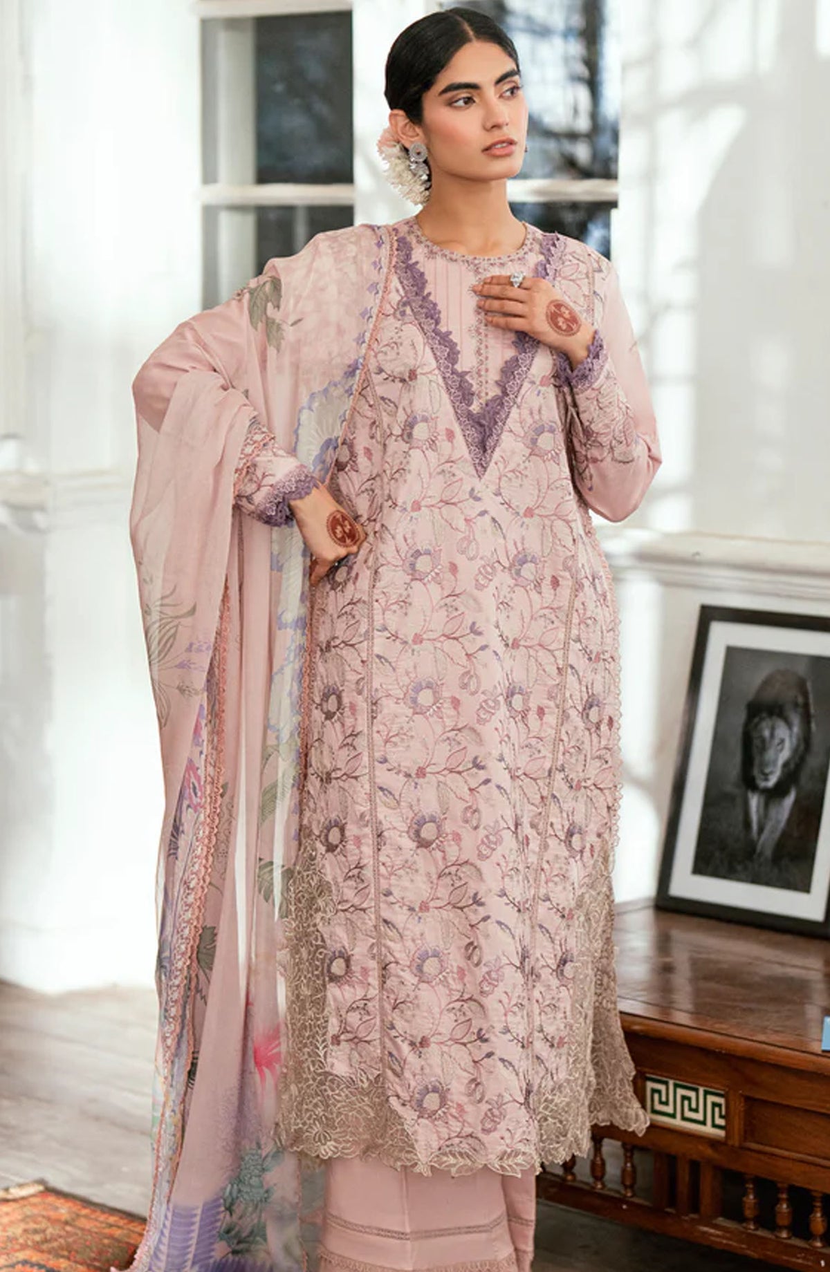 Florent Embroidered Lawn Unstitched 3 Piece Suit - FEE-03 A - FL25EELL - Pink - Eid Collection