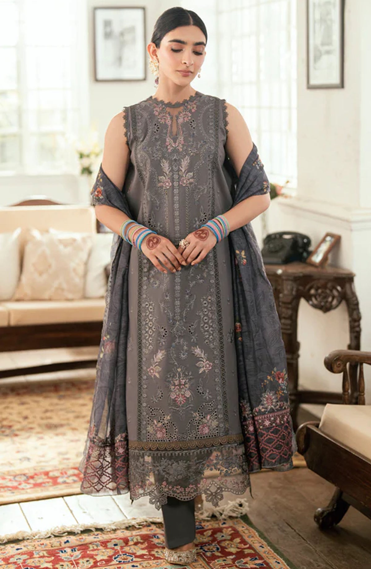 Florent Embroidered Lawn Unstitched 3 Piece Suit - FEE-04 A - FL25EELL - Grey - Eid Collection