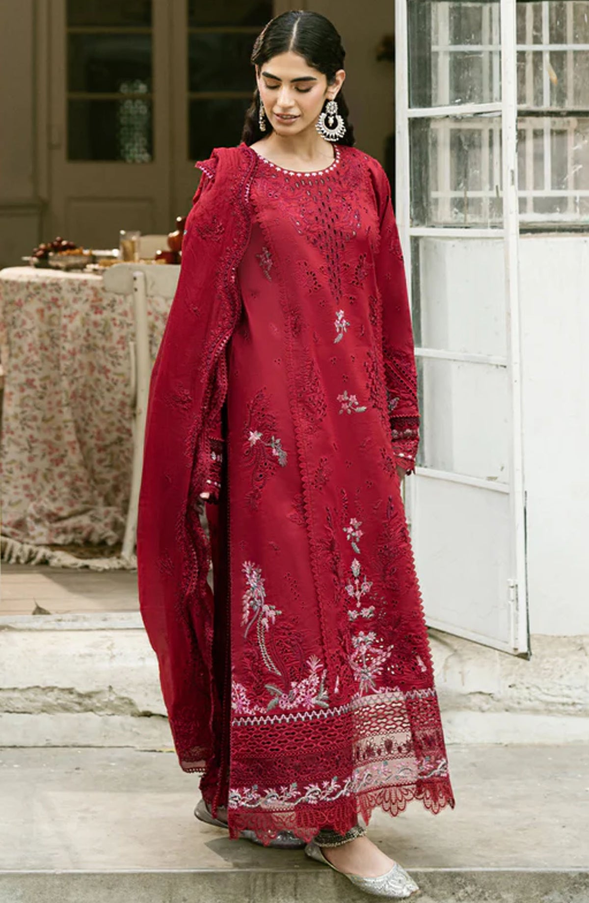 Florent Embroidered Lawn Unstitched 3 Piece Suit - FEE-05 B - FL25EELL - Red - Eid Collection