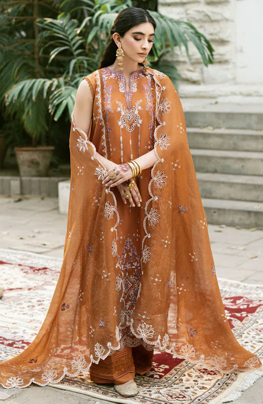 Florent Embroidered Lawn Unstitched 3 Piece Suit - FEE-06 A - FL25EELL - Rust - Eid Collection