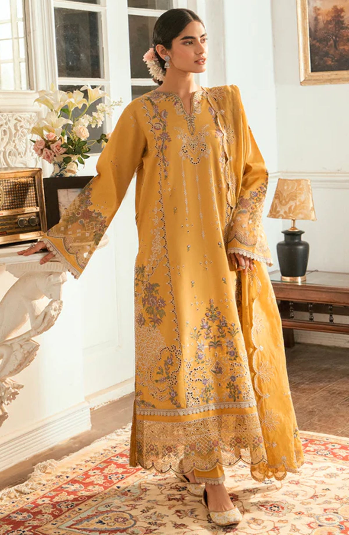 Florent Embroidered Lawn Unstitched 3 Piece Suit - FEE-06 B - FL25EELL - Yellow - Eid Collection