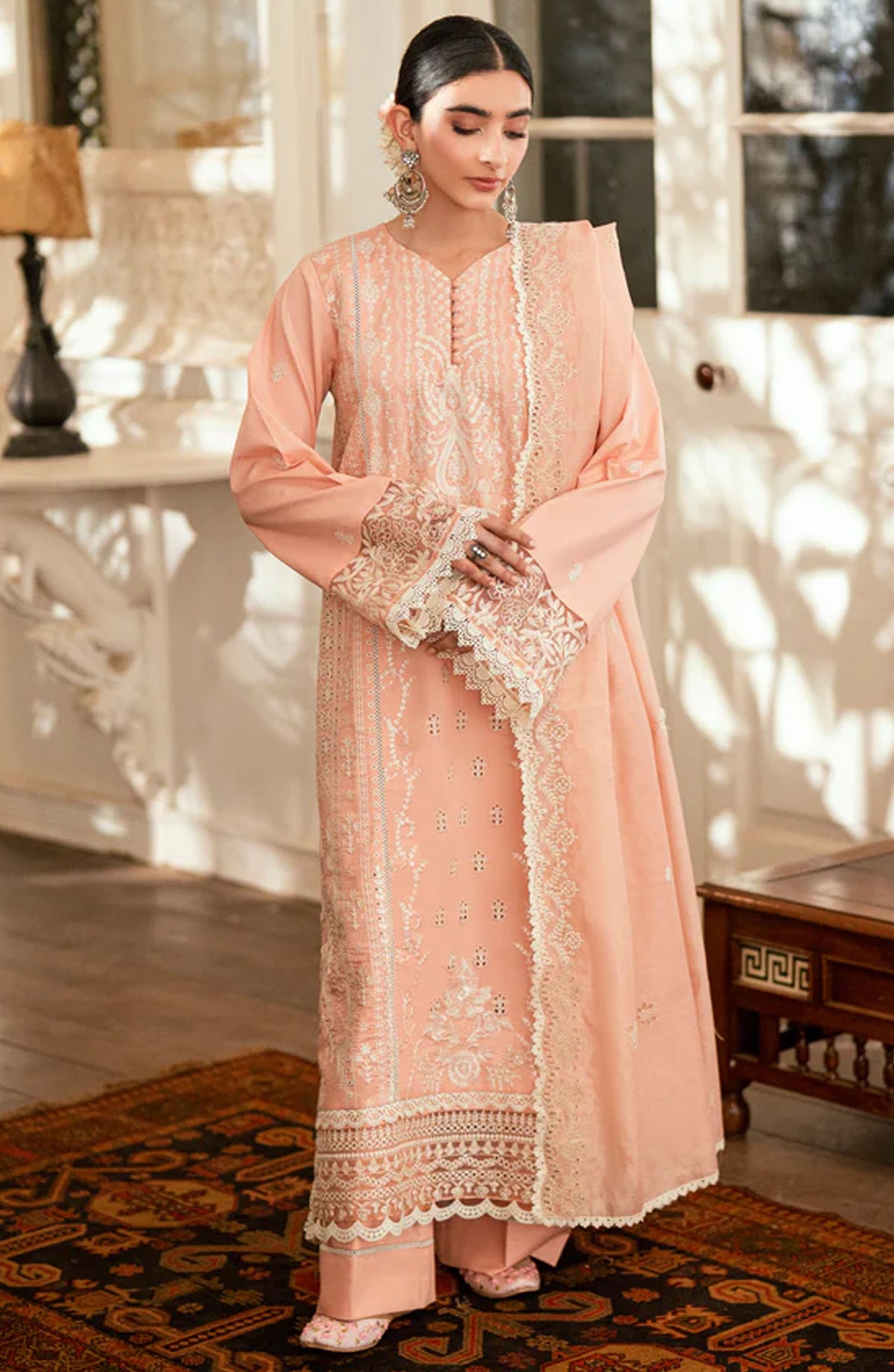 Florent Embroidered Lawn Unstitched 3 Piece Suit - FEE-10 - FL25EELL - Peach - Eid Collection