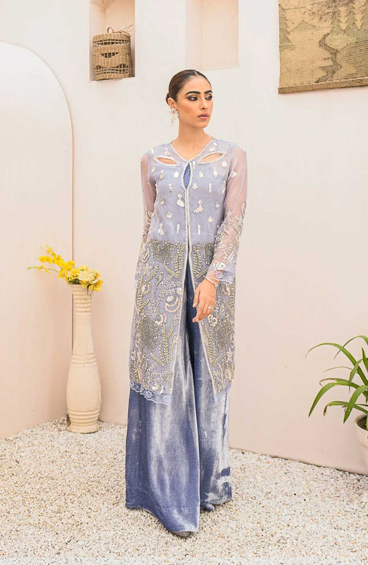 Hues Atelier Embroidered Organza 3 Piece - Fiya - HA25LF - Light Blue - Festive Collection