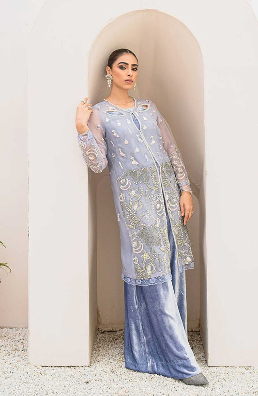 Hues Atelier Embroidered Organza 3 Piece - Fiya - HA25LF - Light Blue - Festive Collection