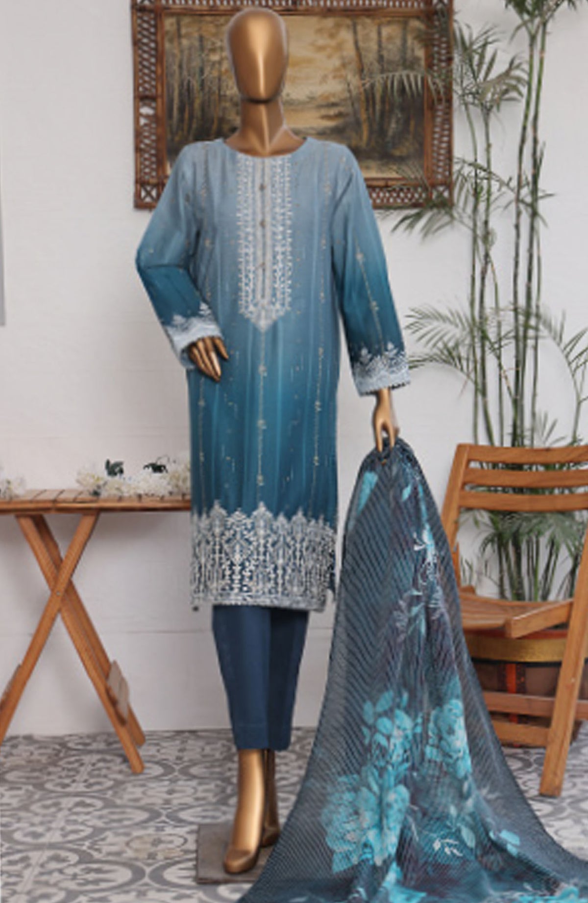 HZ Textile Embroidered Jacquard Unstitched 3 Piece Suit - FJE-1223 - HZ25UFJ - Blue - Festive Collection