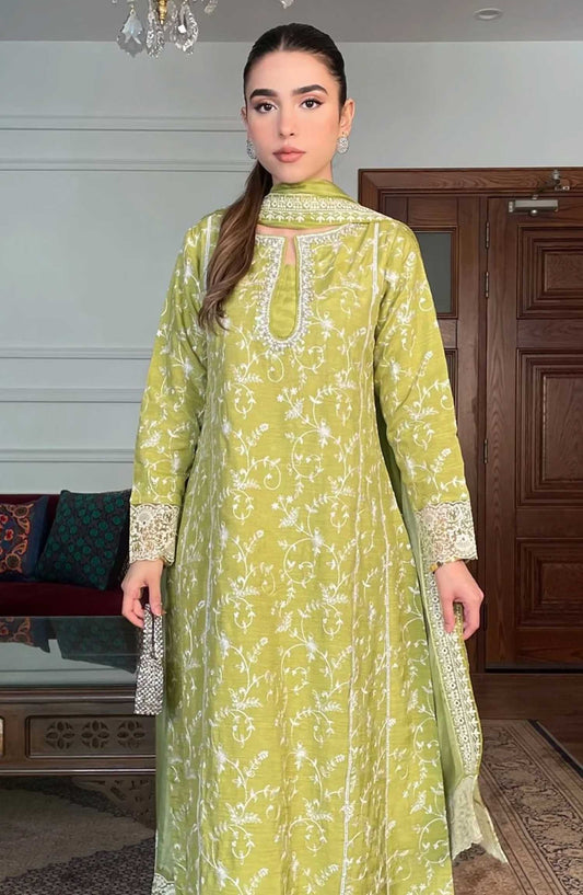 Luna Edit By Hues Atelier Embroidered Korean Raw Silk Stitched 3 Piece - Flora Green - HA25L - Festive Collection