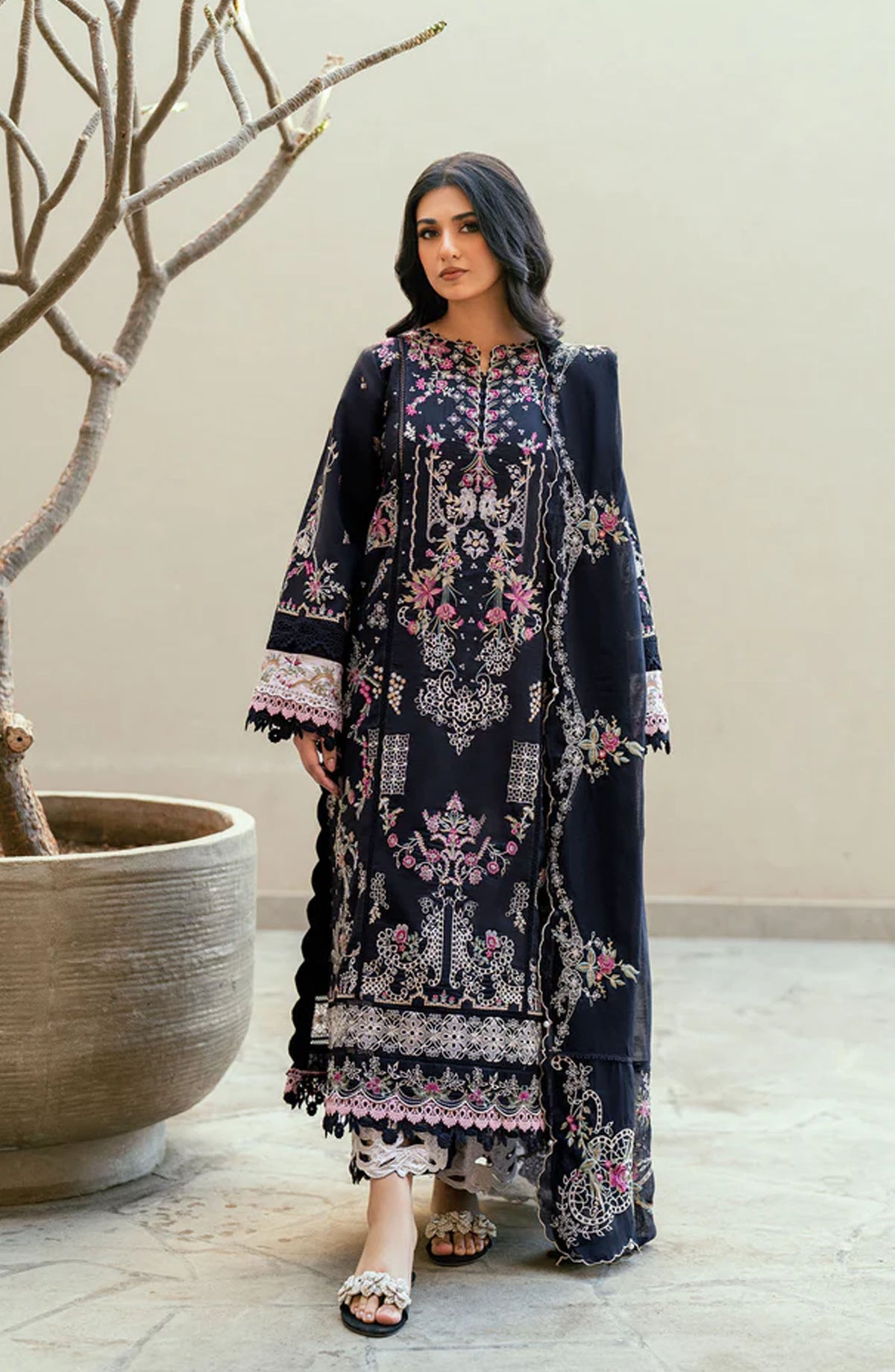 Florent Embroidered Lawn Unstitched 3 Piece Suit - FL-05 A - FL25ELL - Black - Summer Collection
