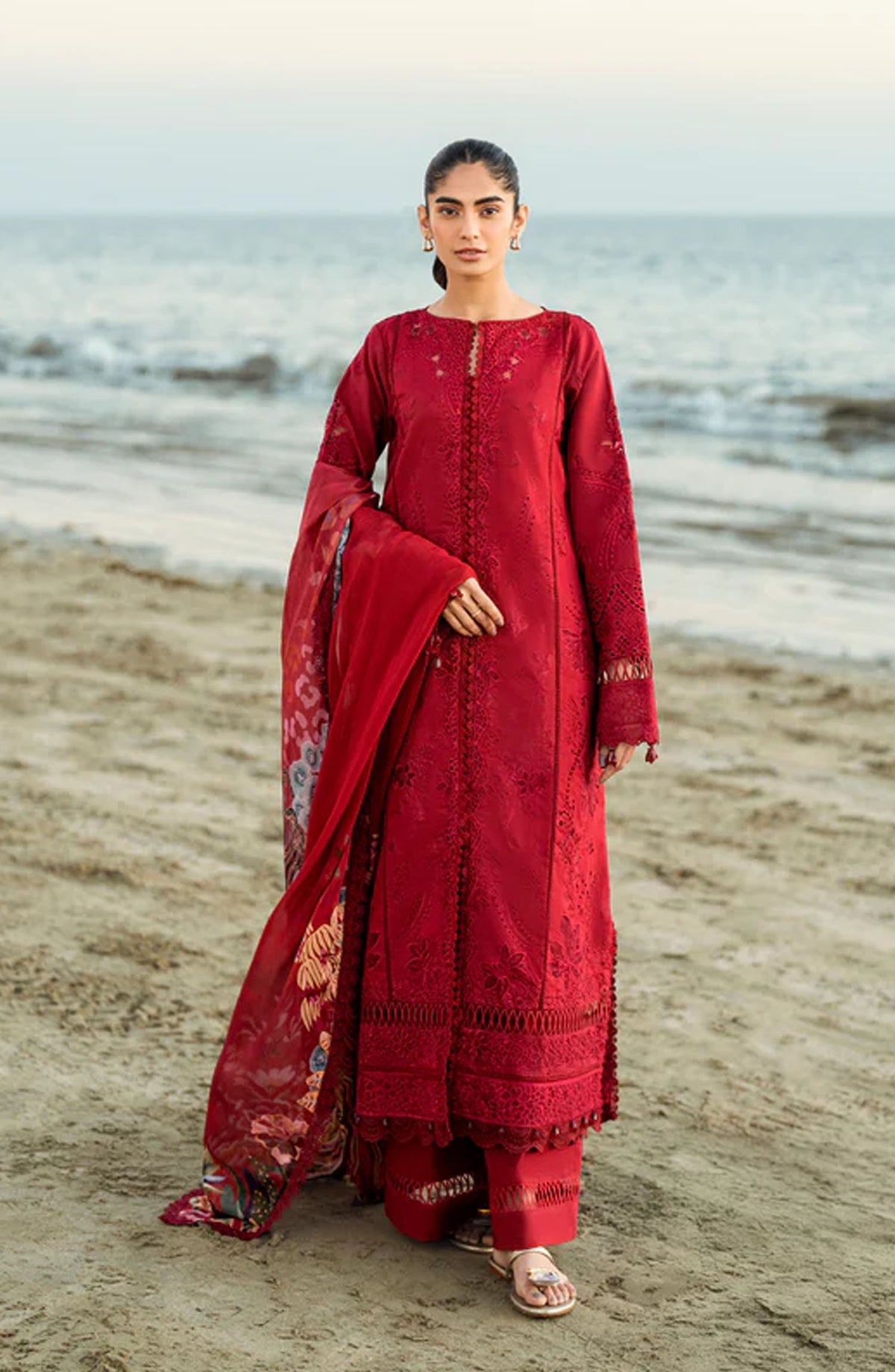 Florent Embroidered Lawn Unstitched 3 Piece Suit - FL-03 A - FL25ELL - Red - Summer Collection