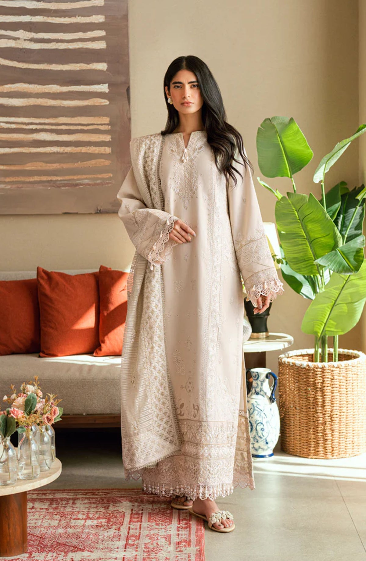 Florent Embroidered Lawn Unstitched 3 Piece Suit - FL-02 A - FL25ELL - Beige - Summer Collection