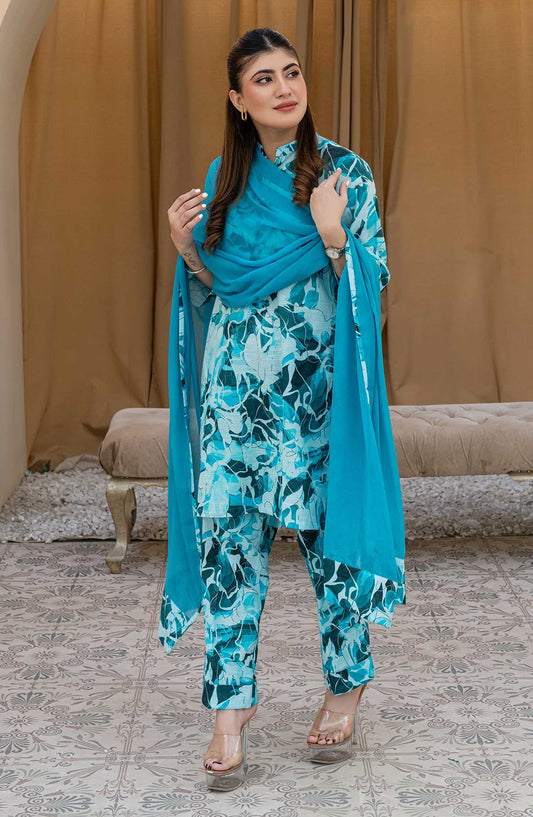Rangeen Printed Khaddar Stitched 2 Piece - Floret Breeze - R25DW - Blue - Winter Collection