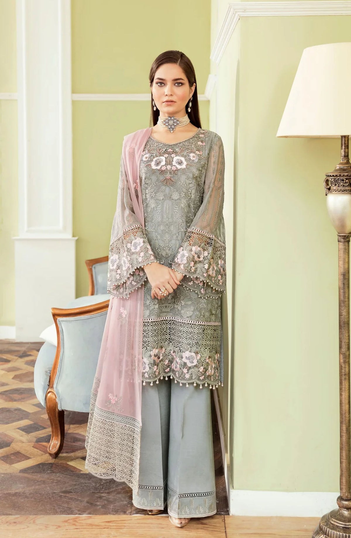 Flossie Embroidered Chiffon Unstitched 3 Piece Suit - S-907 Antarctica - Grey - Formal Collection