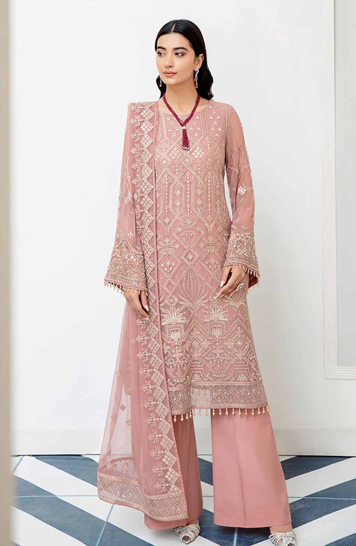 Flossie Embroidered Chiffon Unstitched 3 Piece Suit - S-1101 Tranquil Claro - Pink - Formal Collection
