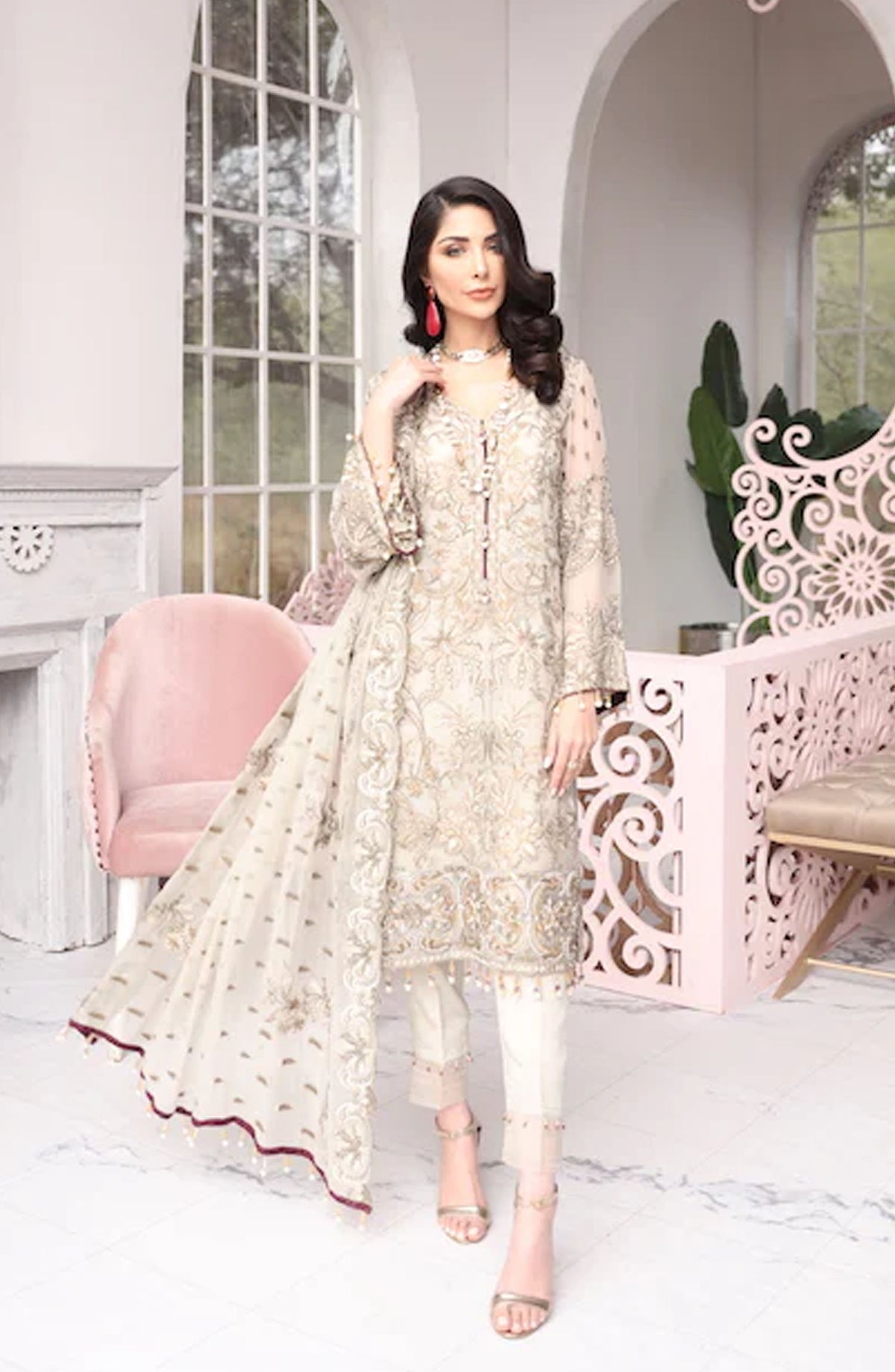 Flossie Embroidered Chiffon Unstitched 3 Piece Suit - FE-105 The Gold Verona - Off White - Formal Collection