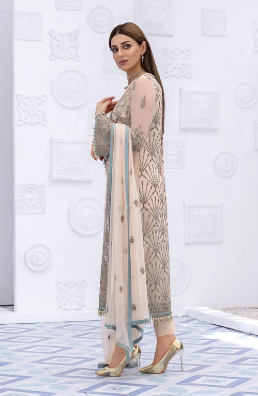 Flossie Embroidered Chiffon Unstitched 3 Piece Suit - S-803 Honey Peach - Beige - Formal Collection