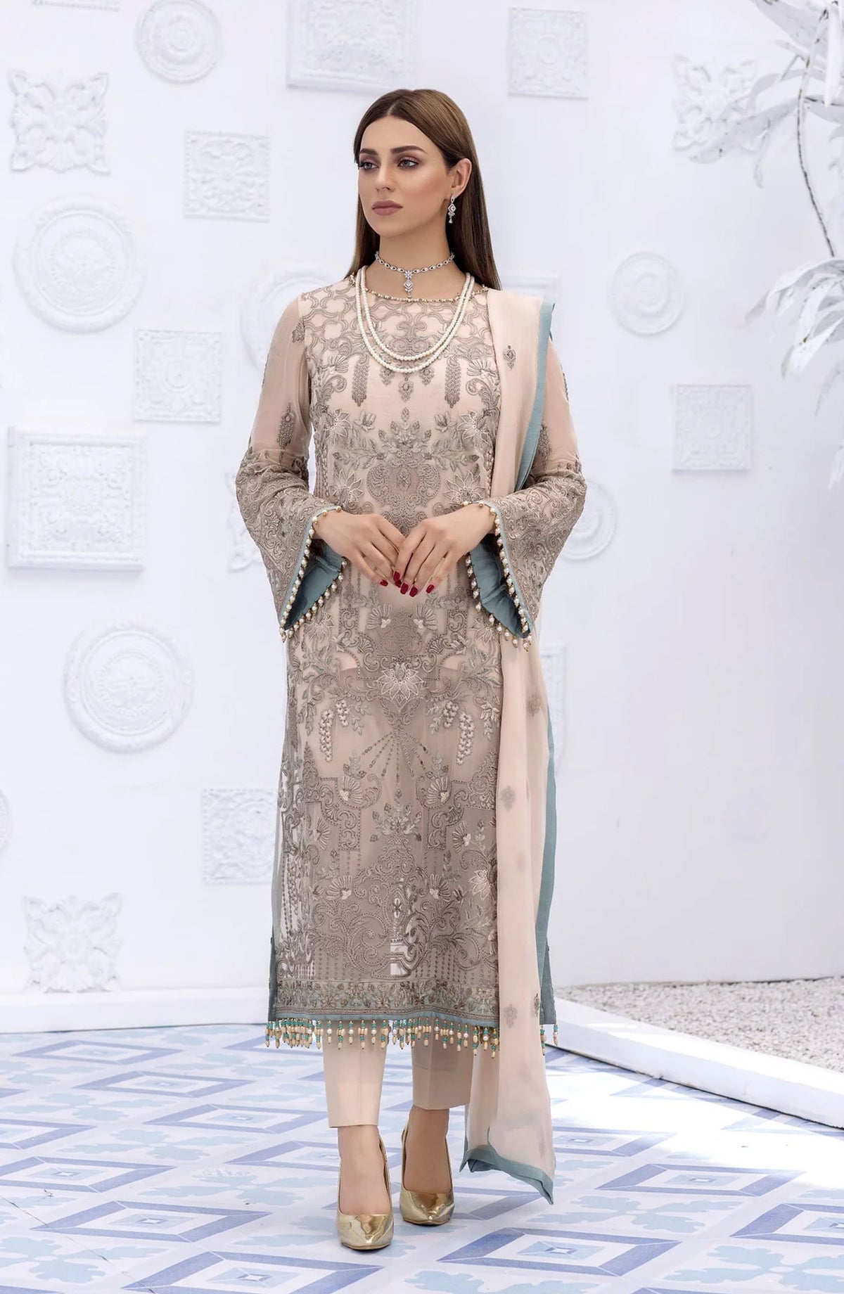 Flossie Embroidered Chiffon Unstitched 3 Piece Suit - S-803 Honey Peach - Beige - Formal Collection