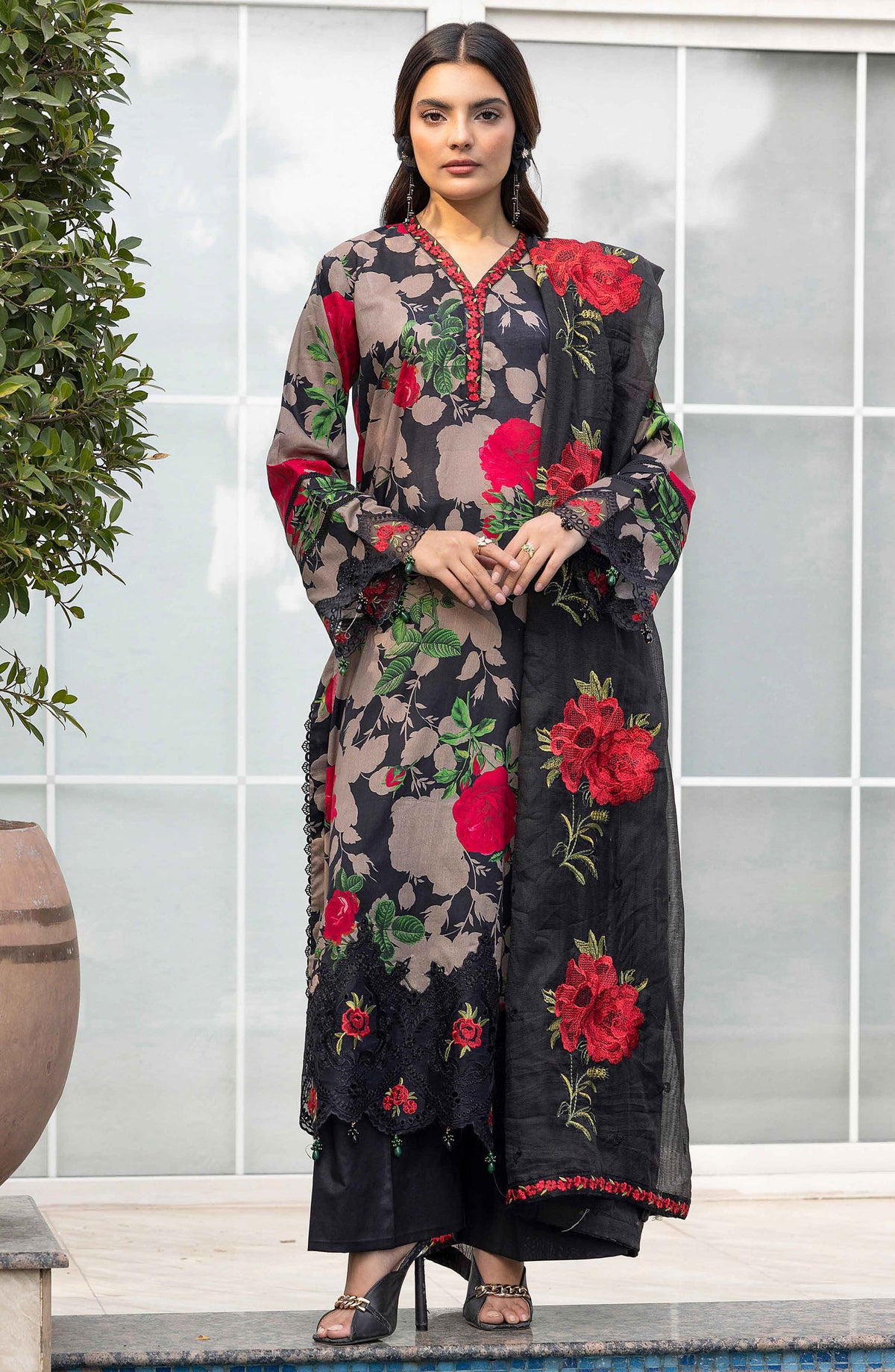 Florence by Nur Embroidered Lawn Unstitched 3 Piece Suit - FN-232 - NUR25FL - Black - Summer Collection