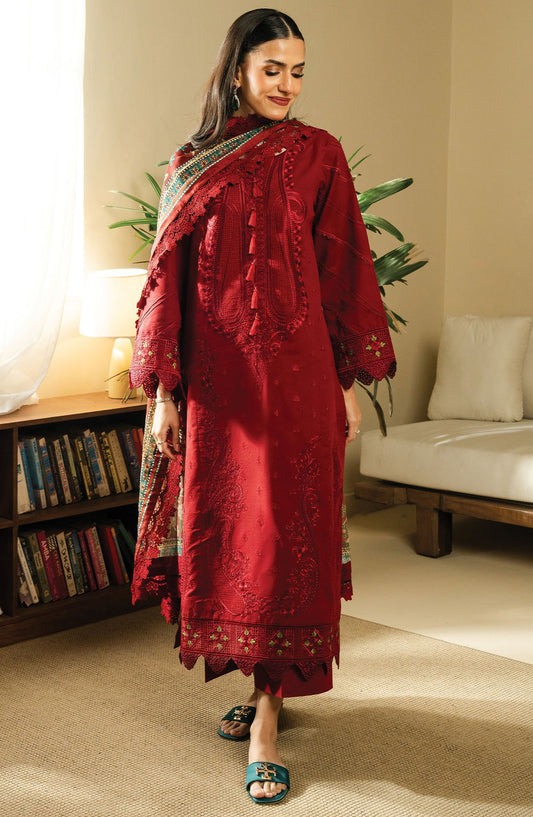 Faiza Faisal Embroidered Lawn Unstitched 3 Piece Suit - FNF-SS25-0402 Fresa - FF25SSL - Red - Summer Collection