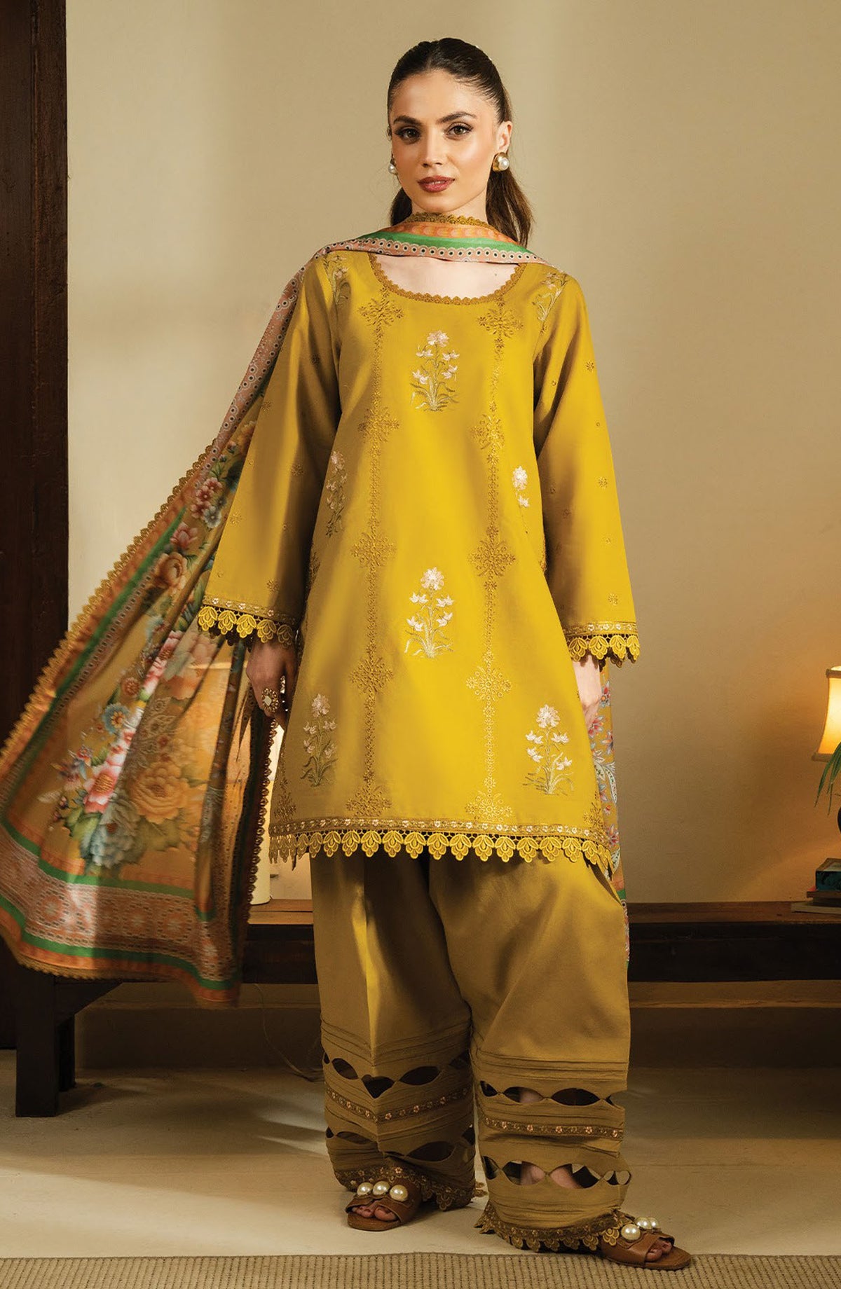 Faiza Faisal Embroidered Lawn Unstitched 3 Piece Suit - FNF-SS25-0405 Umara - FF25SSL - Mustard - Summer Collection