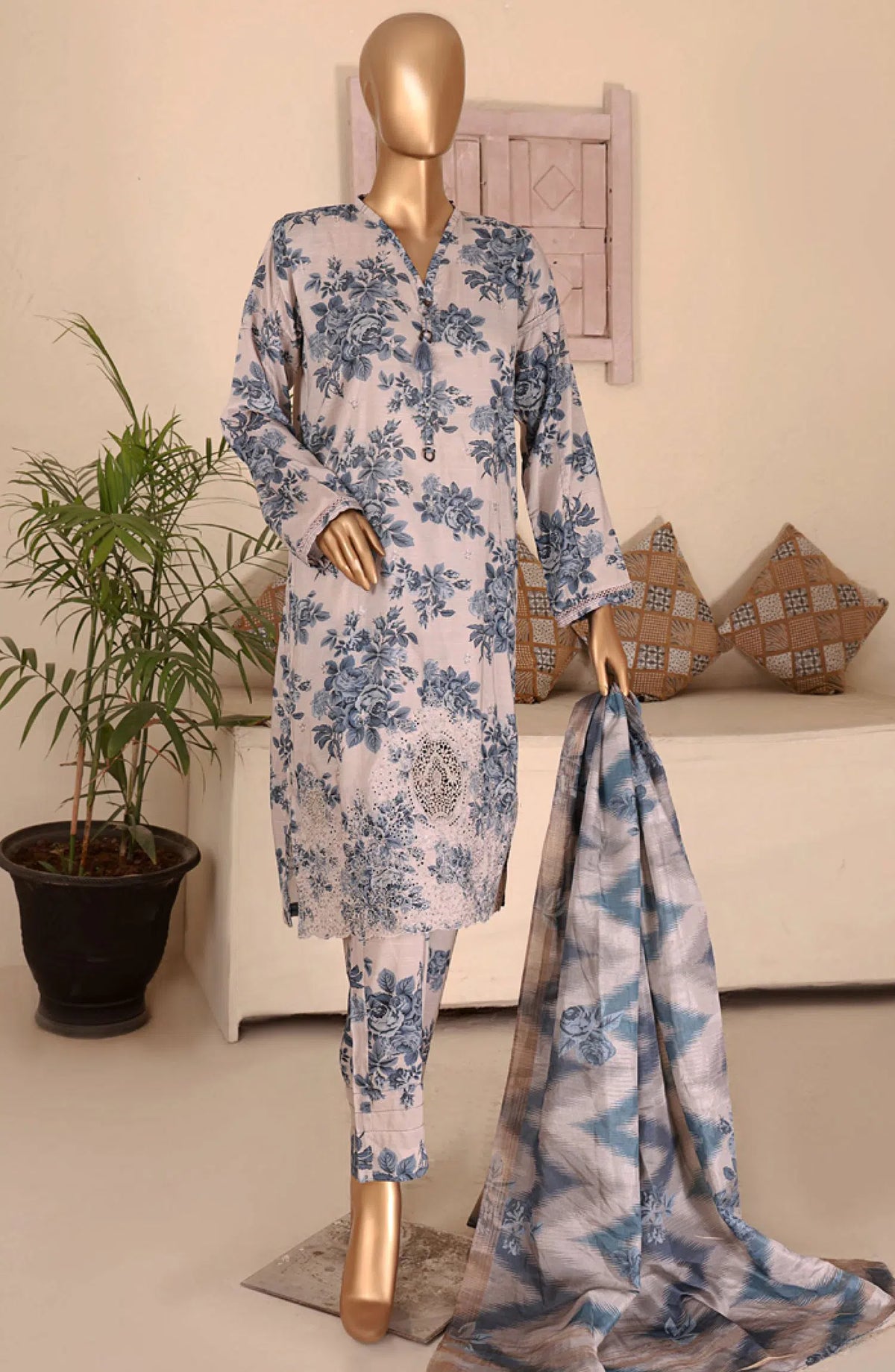 Florence Festive RTW Printed Embroidered Raw Silk Collection 2024 - FRE-07 GREY & BLUE