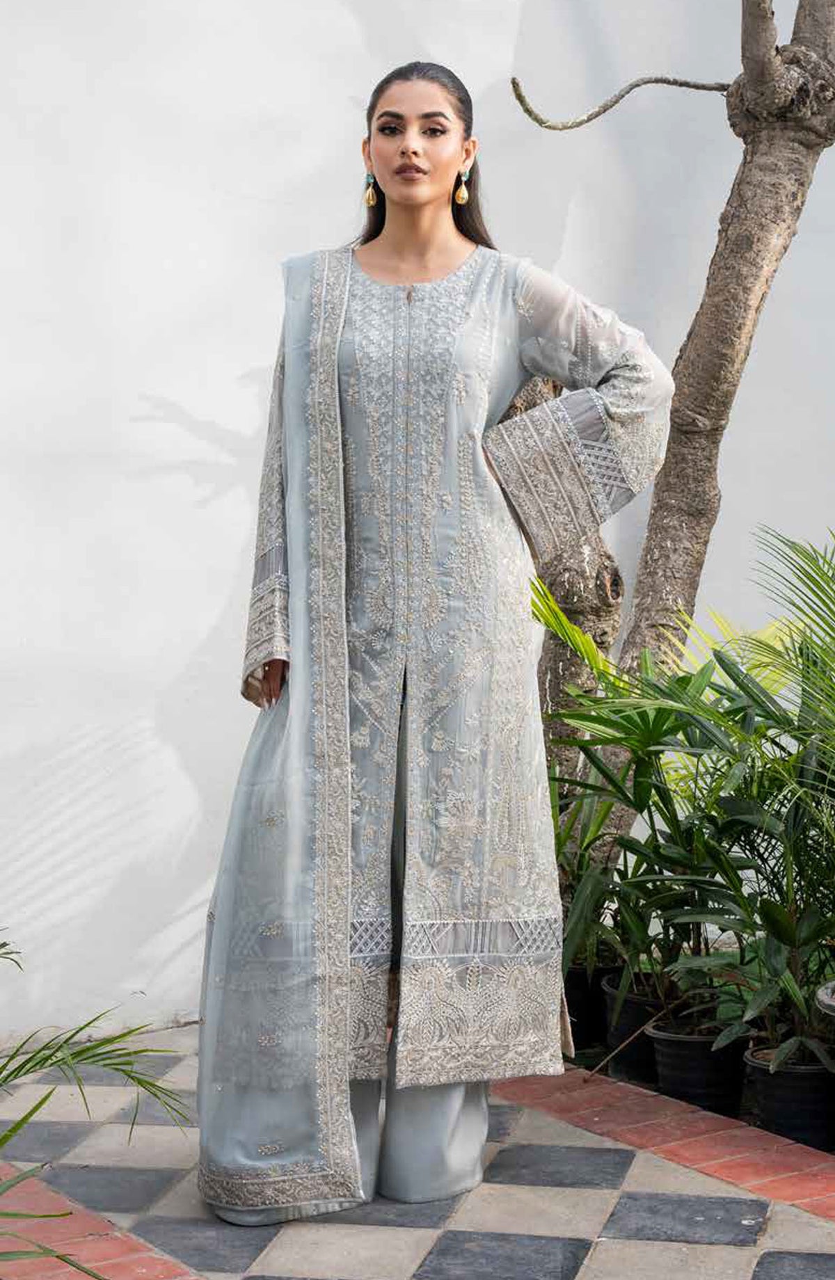 Tarz by Freesia Embroidered Luxury Chiffon Unstitched 3 Piece Suit - JANAN - MNM25TRF - FW-40047 - Grey - Festive Collection