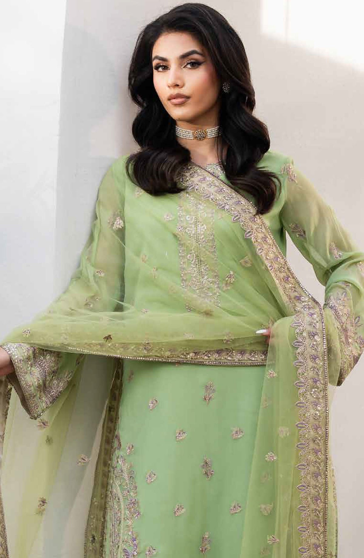 Tarz by Freesia Embroidered Luxury Chiffon Unstitched 3 Piece Suit - MANELI - MNM25TRF - FW-40043 - Green - Festive Collection