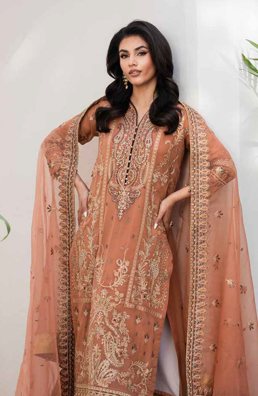 Tarz by Freesia Embroidered Luxury Chiffon Unstitched 3 Piece Suit - ILAS - MNM25TRF - FW-40041 - Rust - Festive Collection