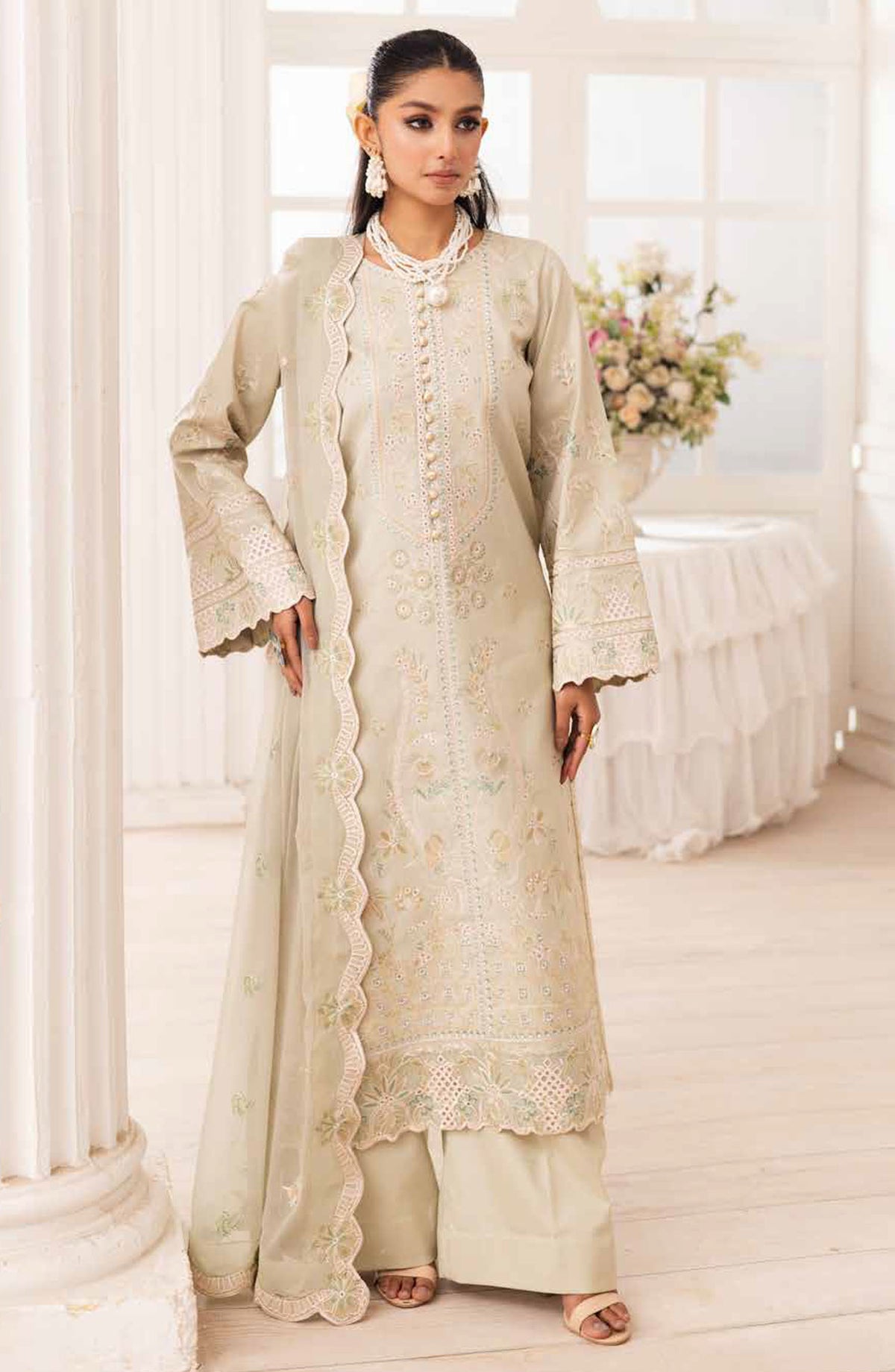 Mira by Freesia Embroidered Lawn Unstitched 3 Piece Suit - FS-50099 Esmat - MNM25MLL - Beige - Summer Collection