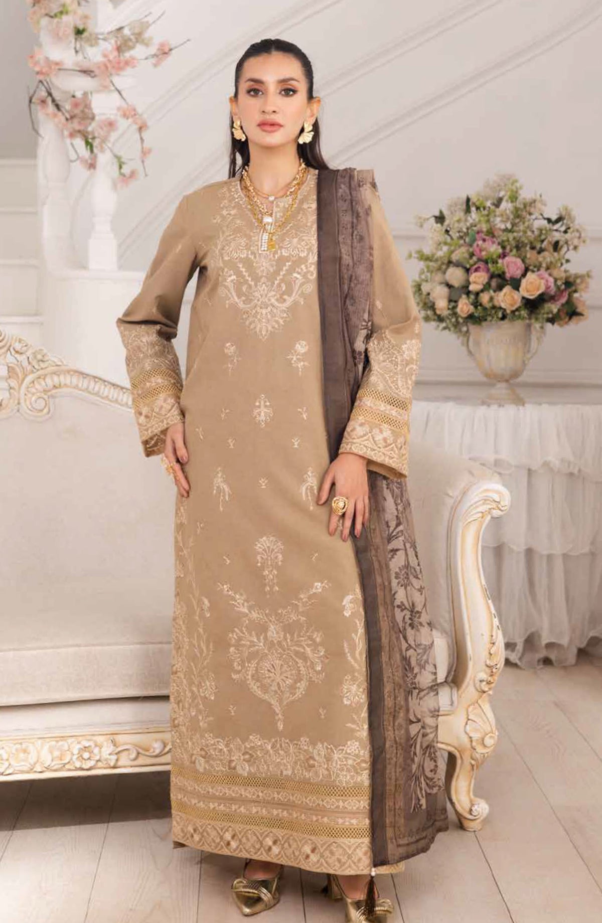 Mira by Freesia Embroidered Lawn Unstitched 3 Piece Suit - FS-50105 Leyla - MNM25MLL - Brown - Summer Collection