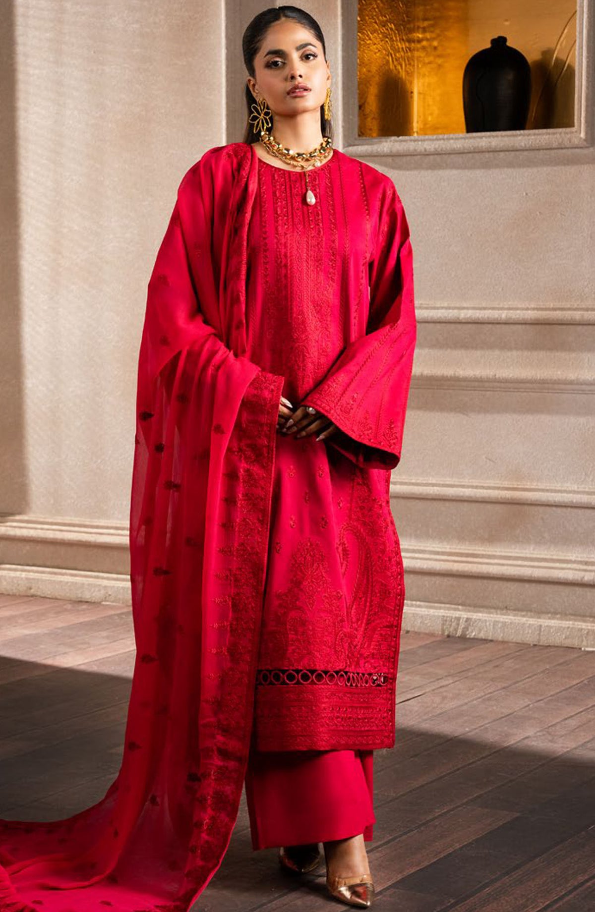 Aqs by Freesia Embroidered Lawn Unstitched 3 Piece Suit - FS-50123 Adria - MNM25AQS - Red - Summer Collection