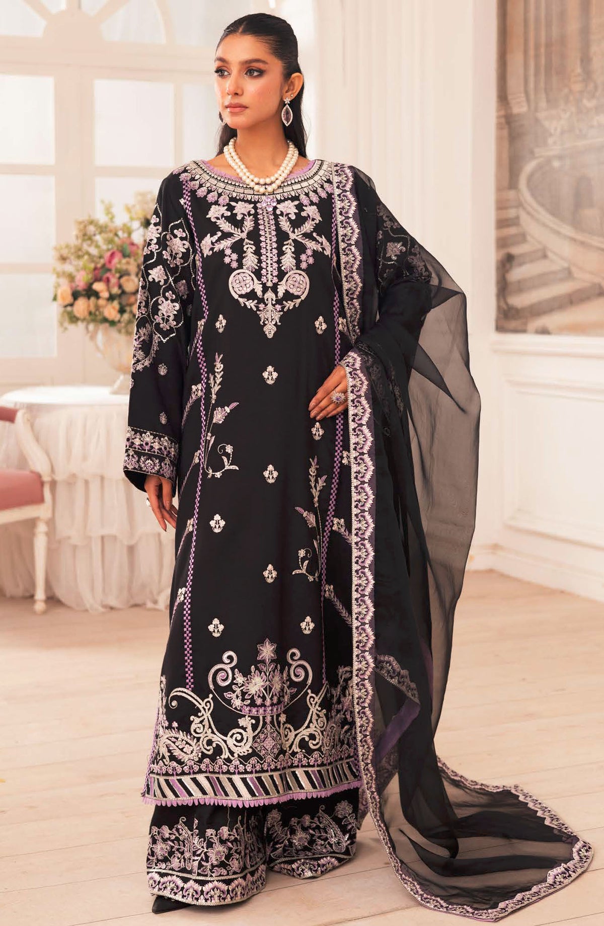 Zari by Freesia Embroidered Raw Silk Unstitched 3 Piece Suit - FW-40021 Defne - MNM25ZLF - Black - Formal Collection