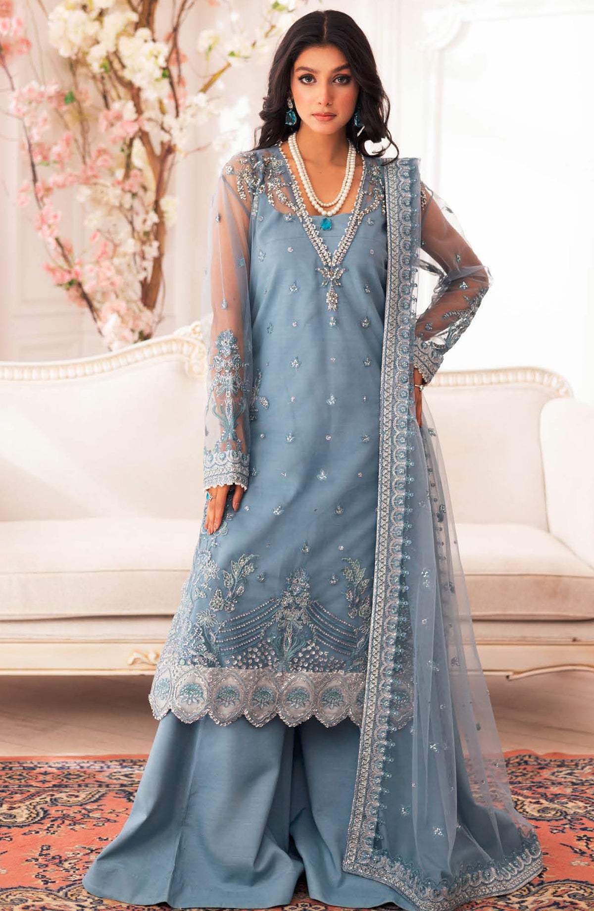 Zari by Freesia Embroidered Net Unstitched 3 Piece Suit - FW-40022 Ferea - MNM25ZLF - Blue - Formal Collection