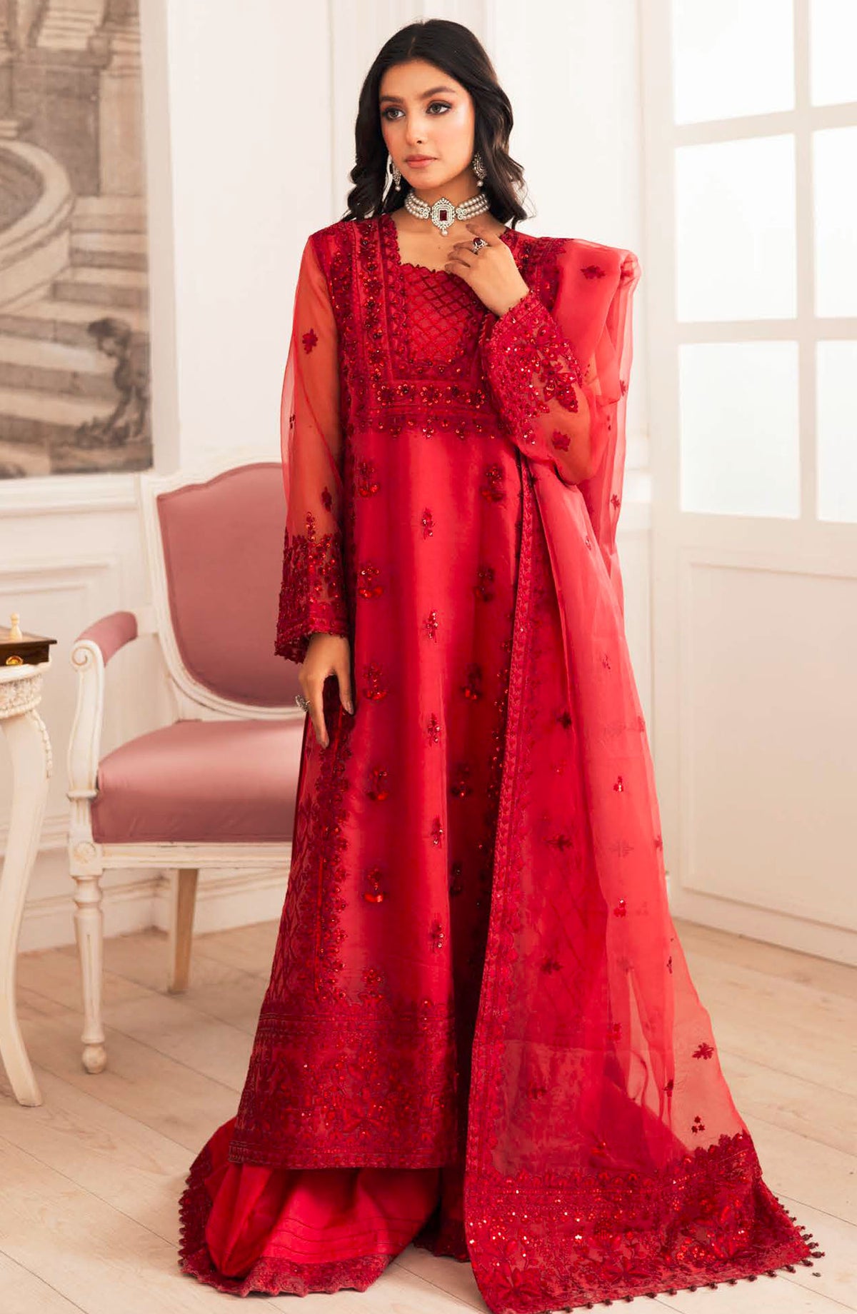 Zari by Freesia Embroidered Organza Unstitched 3 Piece Suit - FW-40025 Silene - MNM25ZLF - Red - Formal Collection