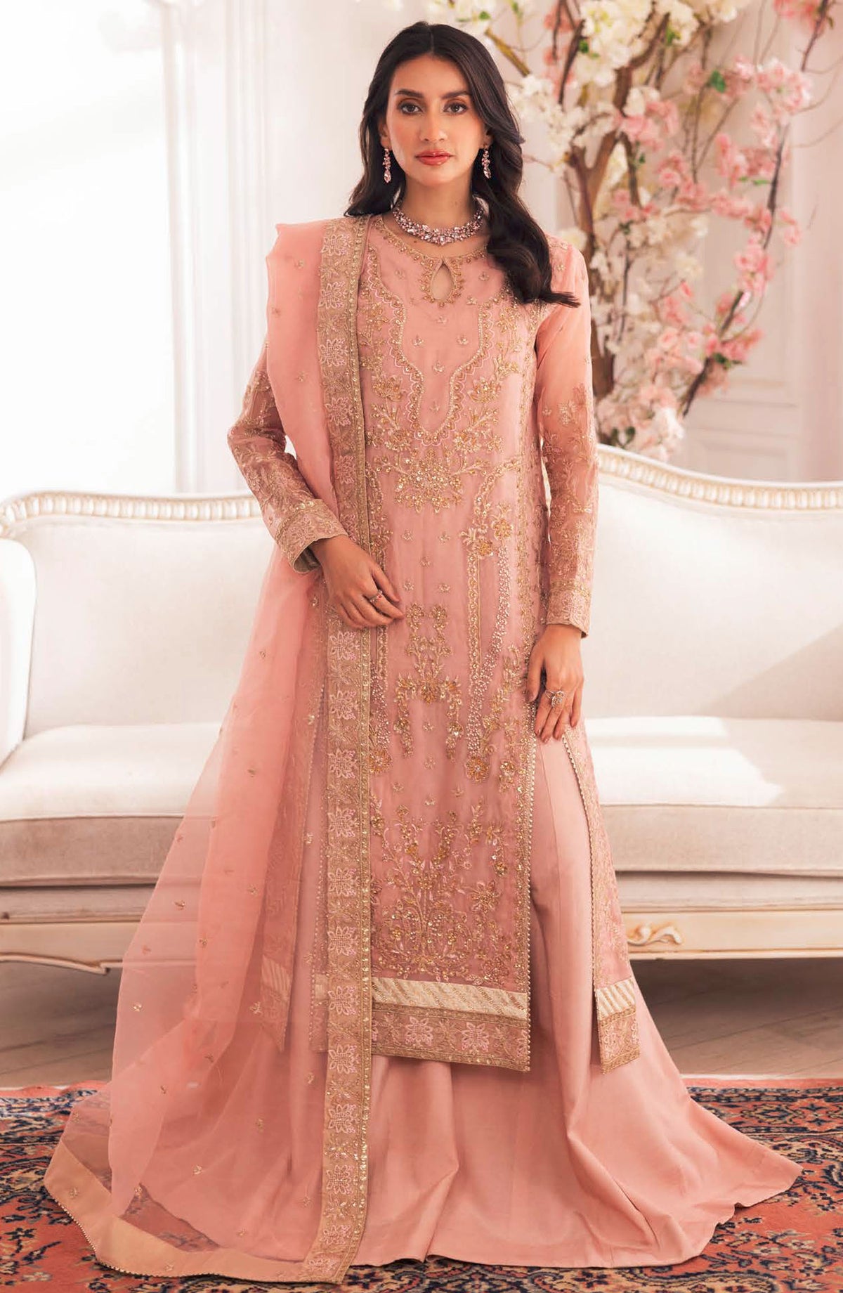 Zari by Freesia Embroidered Organza Unstitched 3 Piece Suit - FW-40027 Orsa - MNM25ZLF - Pink - Formal Collection