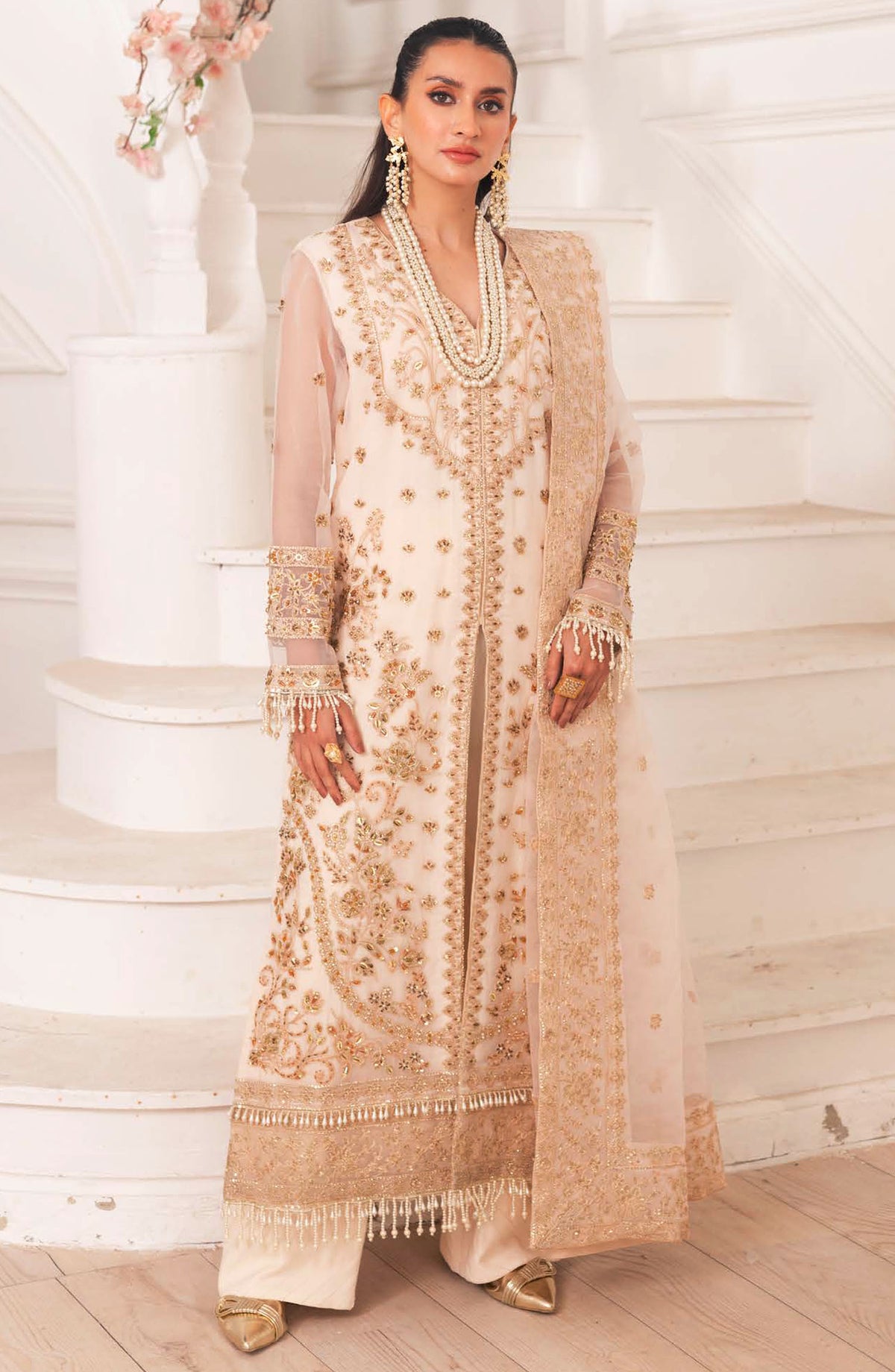 Zari by Freesia Embroidered Organza Unstitched 3 Piece Suit - FW-40029 Edera - MNM25ZLF - White - Formal Collection