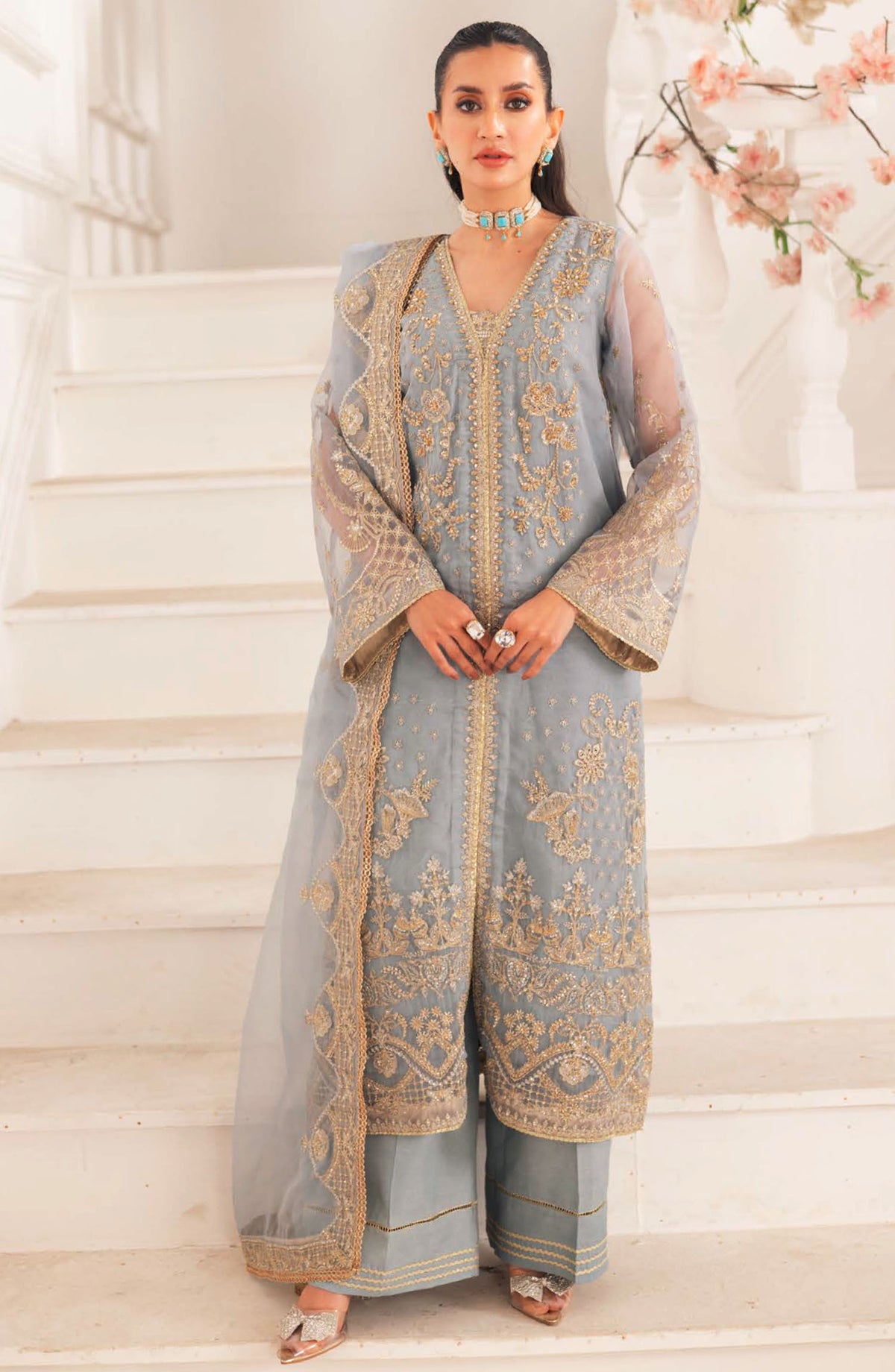 Zari by Freesia Embroidered Organza Unstitched 3 Piece Suit - FW-40030 Lina - MNM25ZLF - Blue - Formal Collection